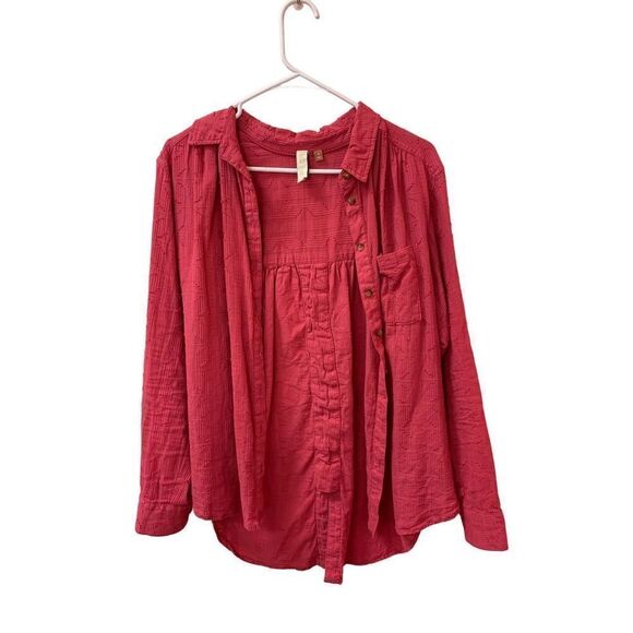 Anthropologie Pilcro Women's Coral Textured Lace Up Button Up Shirt Medium - Picture 2 of 12